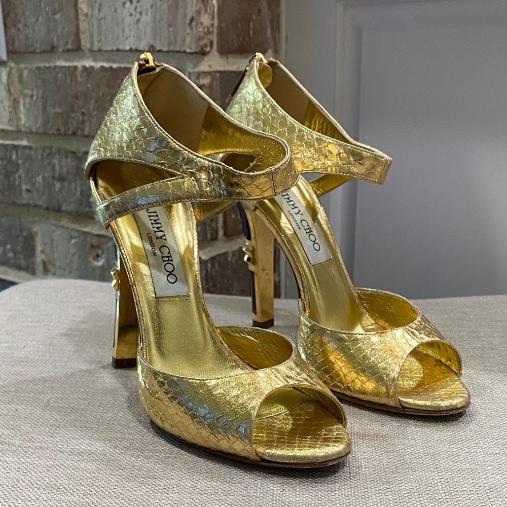 Jimmy Choo Snake Shimmering Gold Heels with gold hardware detail Size 5.5
